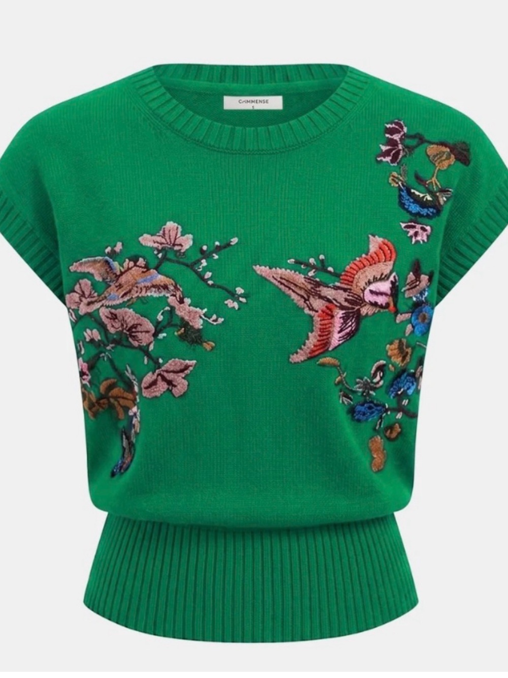 Emerald Green Embroidered Bird Knit Top